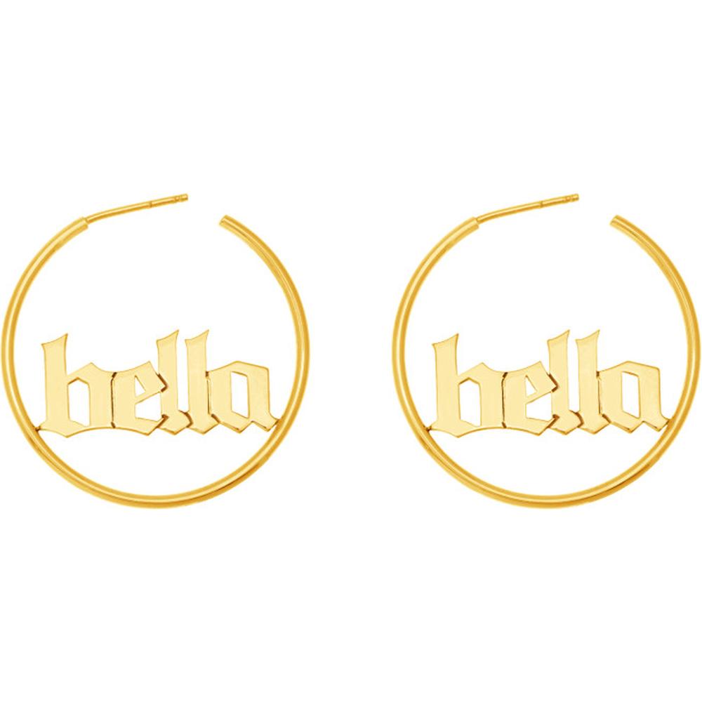 Olas d'Oro - 14K Yellow Gold Gothic Nameplate Hoop Earrings - Customizable