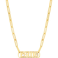 Olas d'Oro - 14K Yellow Gold Gothic Nameplate Paper Clip Necklace with Bezel-Set Diamond - 0.02 Carat Total Diamond Weight