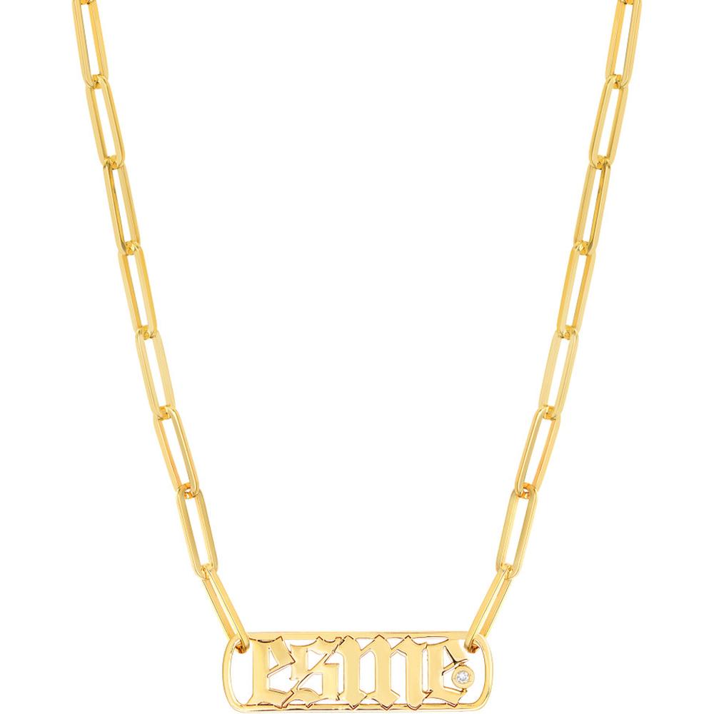 Olas d'Oro - 14K Yellow Gold Gothic Nameplate Paper Clip Necklace with Bezel-Set Diamond - 0.02 Carat Total Diamond Weight