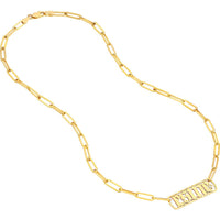 Olas d'Oro - 14K Yellow Gold Gothic Nameplate Paper Clip Necklace with Bezel-Set Diamond - 0.02 Carat Total Diamond Weight