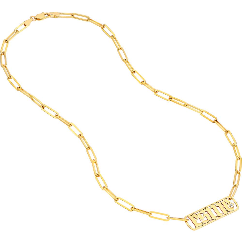 Olas d'Oro - 14K Yellow Gold Gothic Nameplate Paper Clip Necklace with Bezel-Set Diamond - 0.02 Carat Total Diamond Weight
