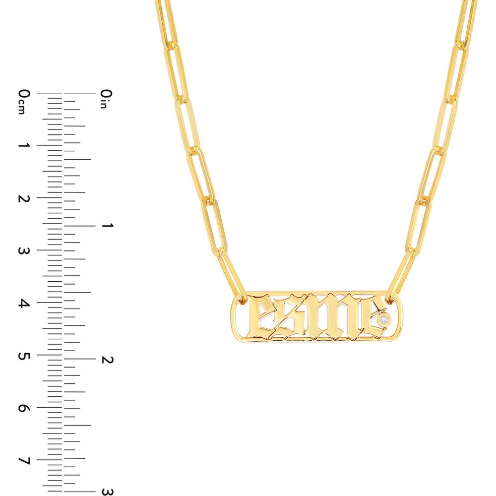Olas d'Oro - 14K Yellow Gold Gothic Nameplate Paper Clip Necklace with Bezel-Set Diamond - 0.02 Carat Total Diamond Weight