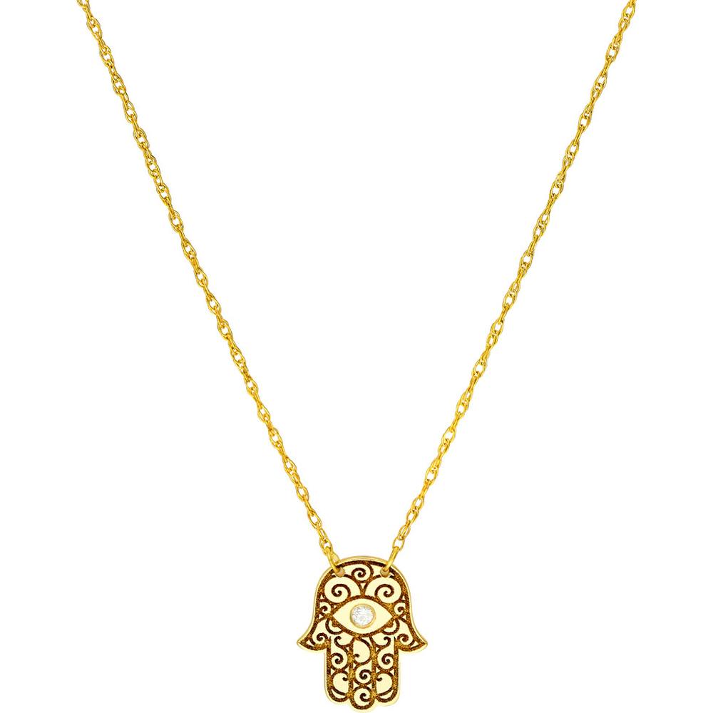 Olas d'Oro - 14K Yellow Gold Hamsa Necklace with Diamond - 0.01 Carat Total Diamond Weight