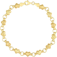 Olas d'Oro - 14K Yellow Gold Heart Link Bracelet with Diamond-Cut and Satin Hearts Design 4.75 Grams Total Weight