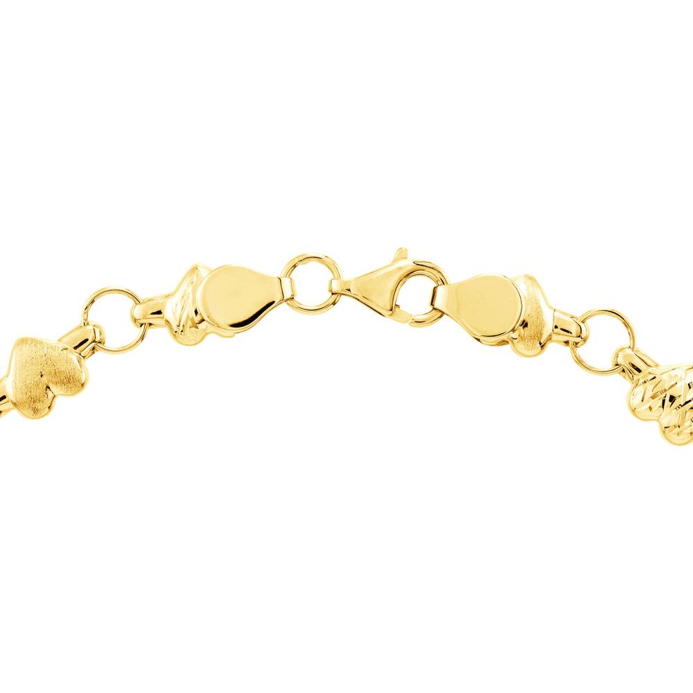 Olas d'Oro - 14K Yellow Gold Heart Link Bracelet with Diamond-Cut and Satin Hearts Design 4.75 Grams Total Weight