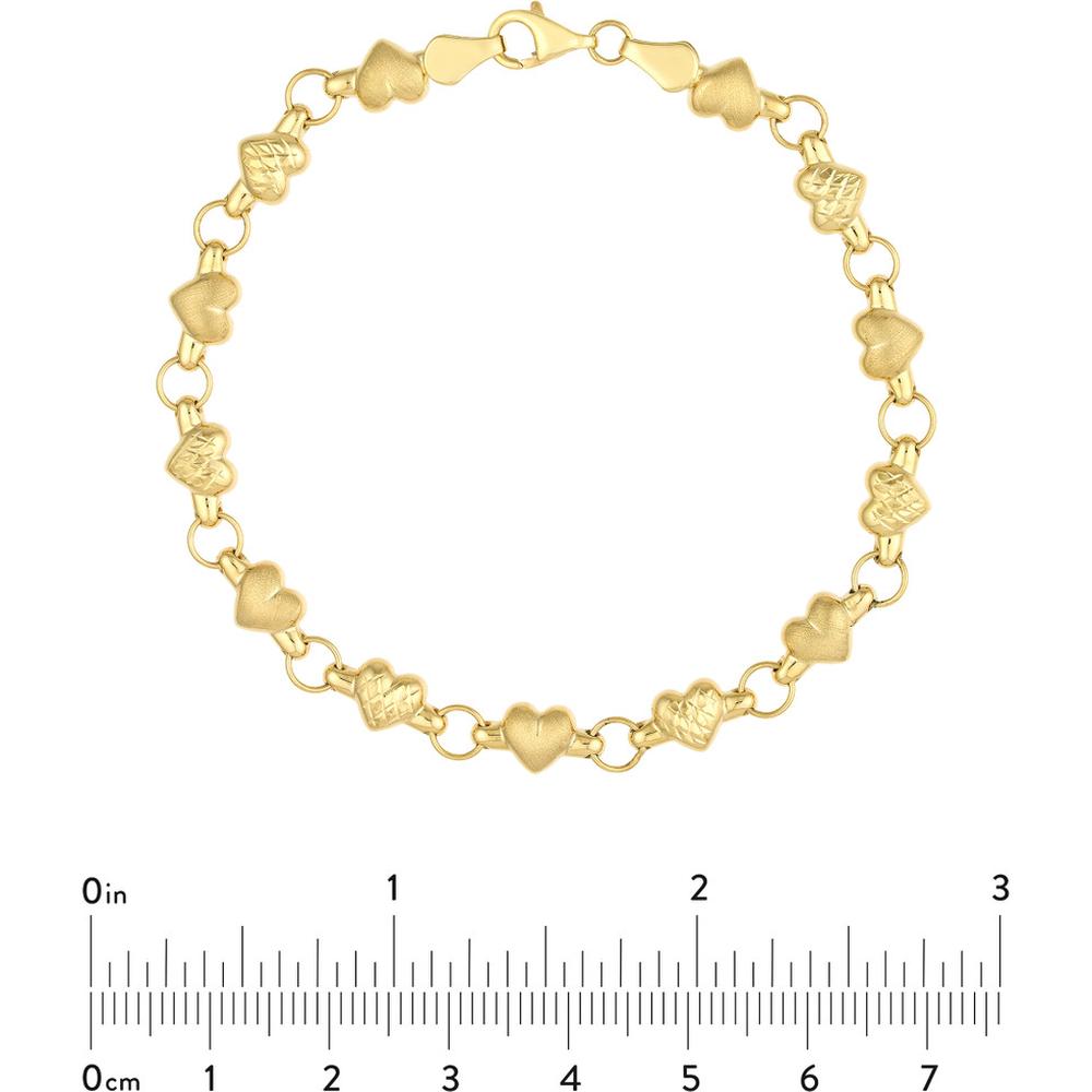 Olas d'Oro - 14K Yellow Gold Heart Link Bracelet with Diamond-Cut and Satin Hearts Design 4.75 Grams Total Weight