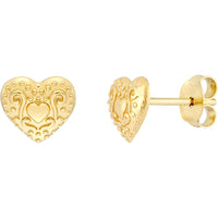 Olas d'Oro - 14K Yellow Gold Heart Pattern Stud Earrings - 1.13g Average Weight