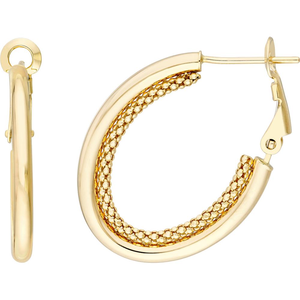 Olas d'Oro - 14K Yellow Gold High Polish Double Hoop Omega Back Earrings with Popcorn Chain Design - 2.70g Total Weight