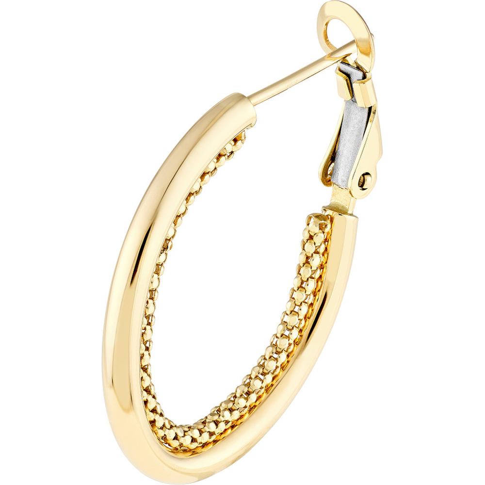Olas d'Oro - 14K Yellow Gold High Polish Double Hoop Omega Back Earrings with Popcorn Chain Design - 2.70g Total Weight
