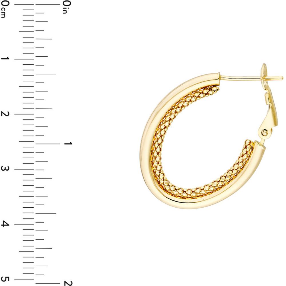 Olas d'Oro - 14K Yellow Gold High Polish Double Hoop Omega Back Earrings with Popcorn Chain Design - 2.70g Total Weight