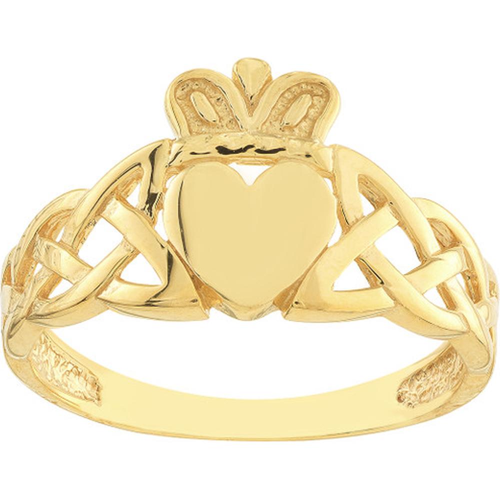 Olas d'Oro - 14K Yellow Gold High-Polished Braided Claddagh Ring with Heart and Crown Design