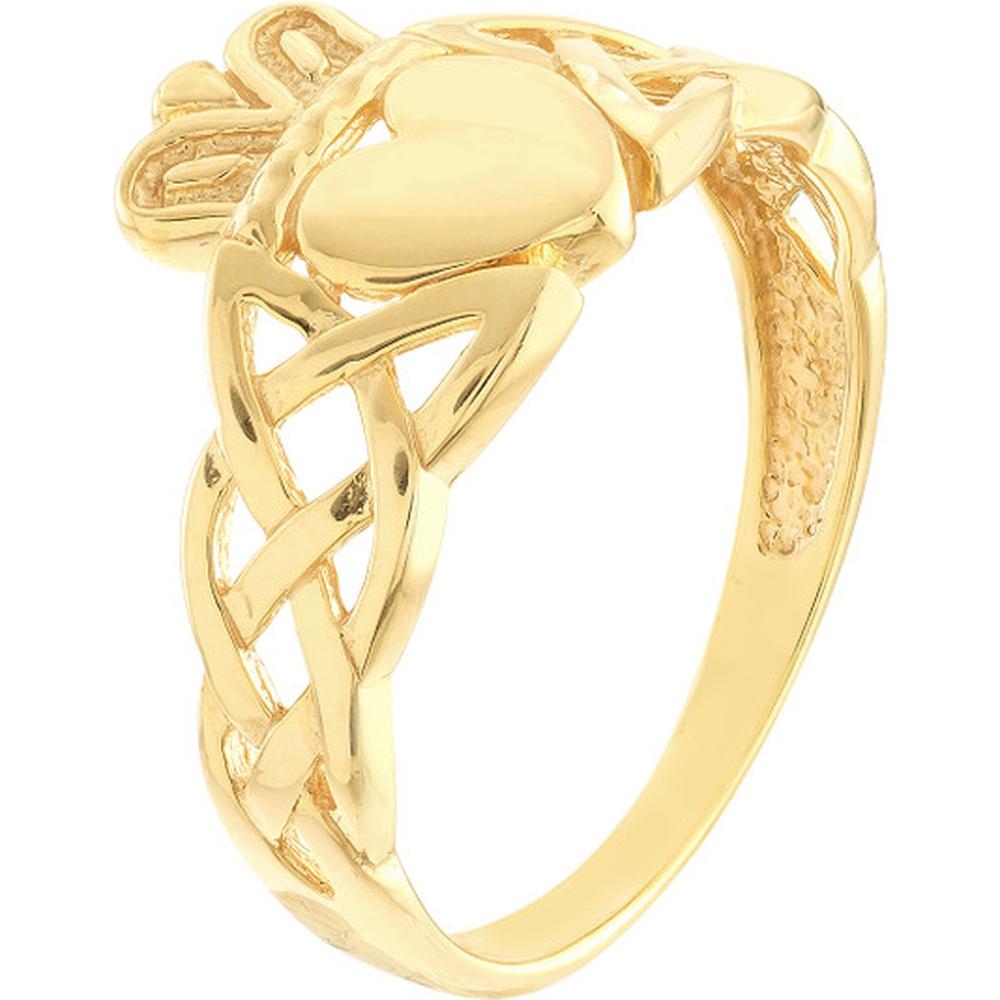 Olas d'Oro - 14K Yellow Gold High-Polished Braided Claddagh Ring with Heart and Crown Design