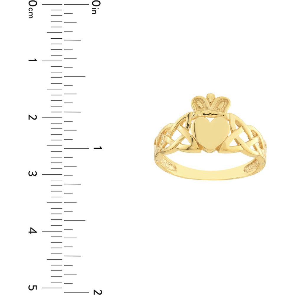 Olas d'Oro - 14K Yellow Gold High-Polished Braided Claddagh Ring with Heart and Crown Design