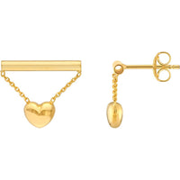 Olas d'Oro - 14K Yellow Gold Horizontal Bar Dangle Earrings with Heart Chain