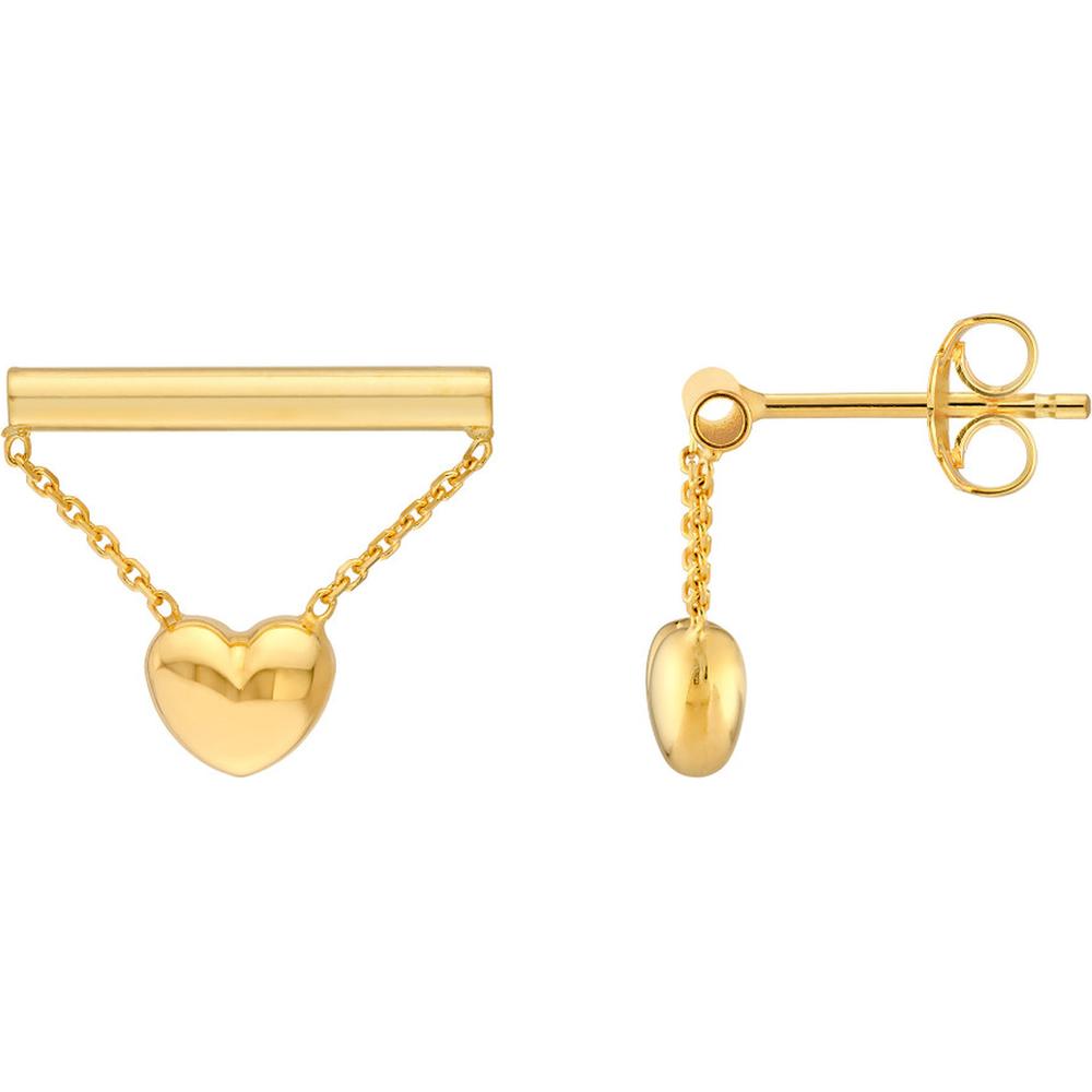 Olas d'Oro - 14K Yellow Gold Horizontal Bar Dangle Earrings with Heart Chain