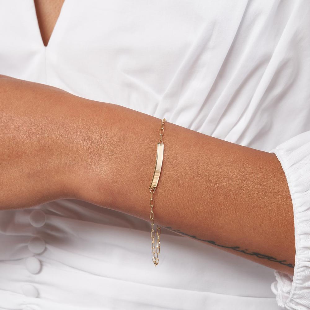 Olas d'Oro - 14K Yellow Gold Kids ID Bracelet on Diamond-Cut Long Anchor Chain - Engravable with Lobster Clasp