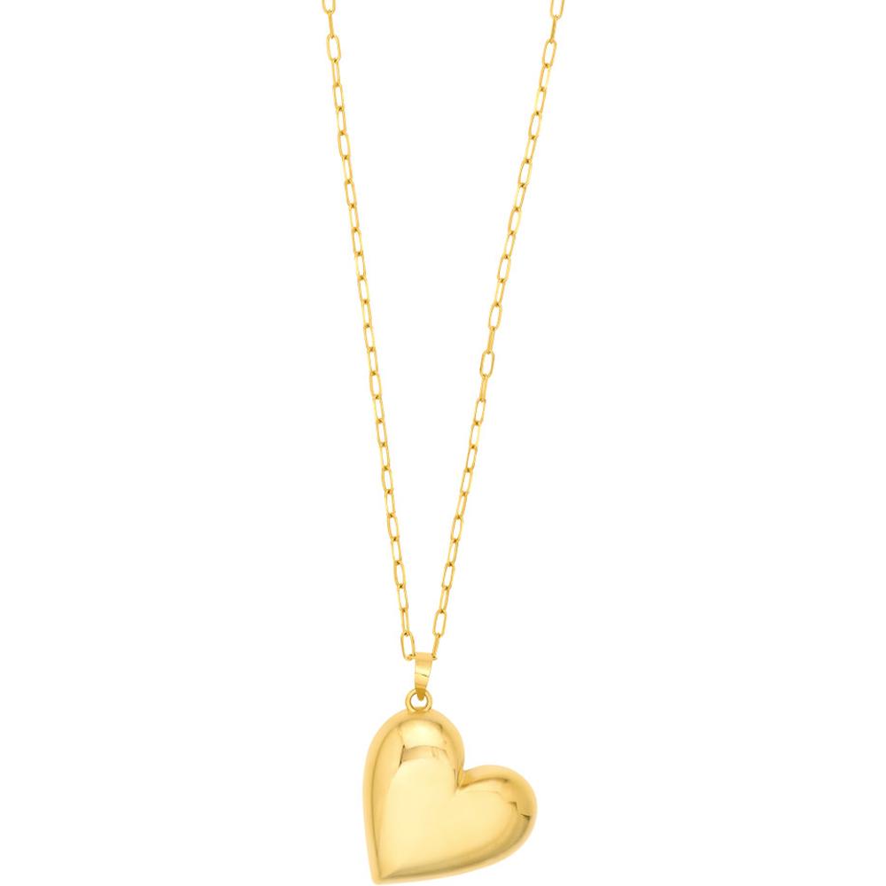 Olas d'Oro - 14K Yellow Gold Large Puff Heart Pendant Necklace with Paperclip Chain  7.23g