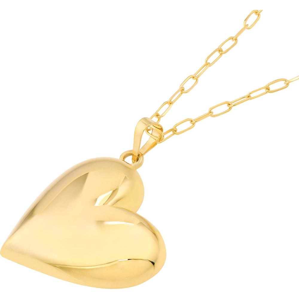 Olas d'Oro - 14K Yellow Gold Large Puff Heart Pendant Necklace with Paperclip Chain  7.23g