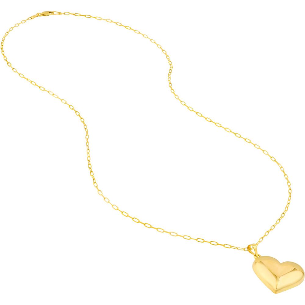 Olas d'Oro - 14K Yellow Gold Large Puff Heart Pendant Necklace with Paperclip Chain  7.23g