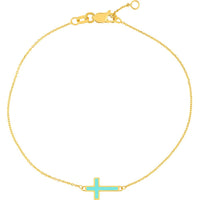 Olas d'Oro - 14K Yellow Gold Light Turquoise Enamel Sideways Cross Bracelet