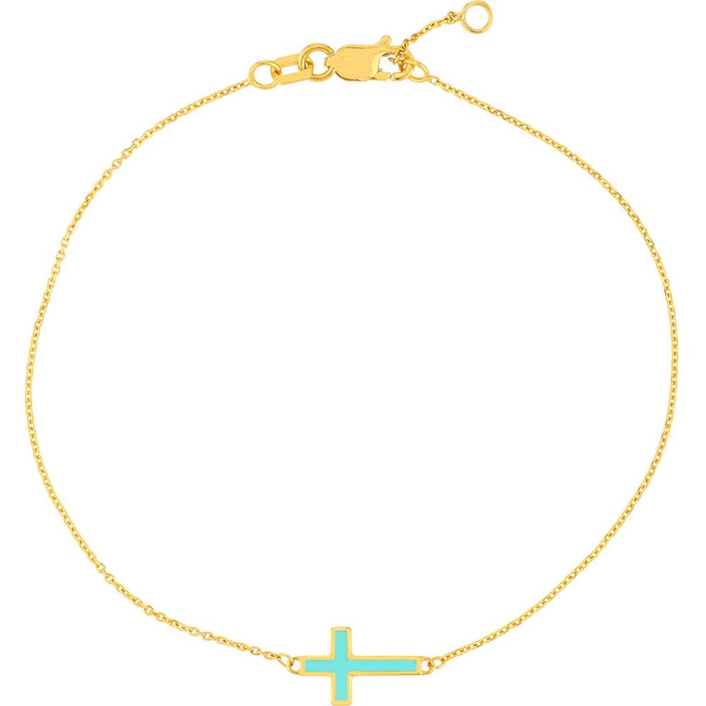 Olas d'Oro - 14K Yellow Gold Light Turquoise Enamel Sideways Cross Bracelet