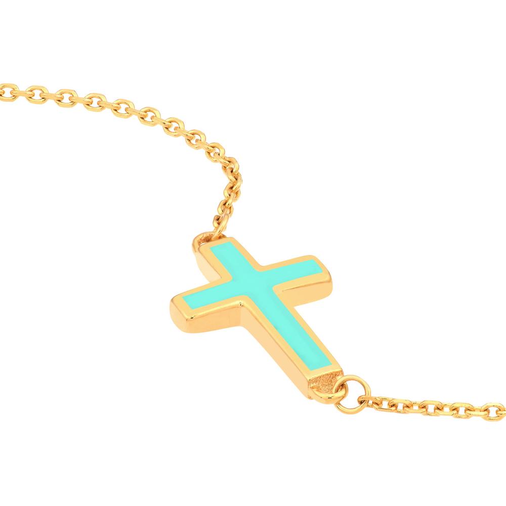 Olas d'Oro - 14K Yellow Gold Light Turquoise Enamel Sideways Cross Bracelet