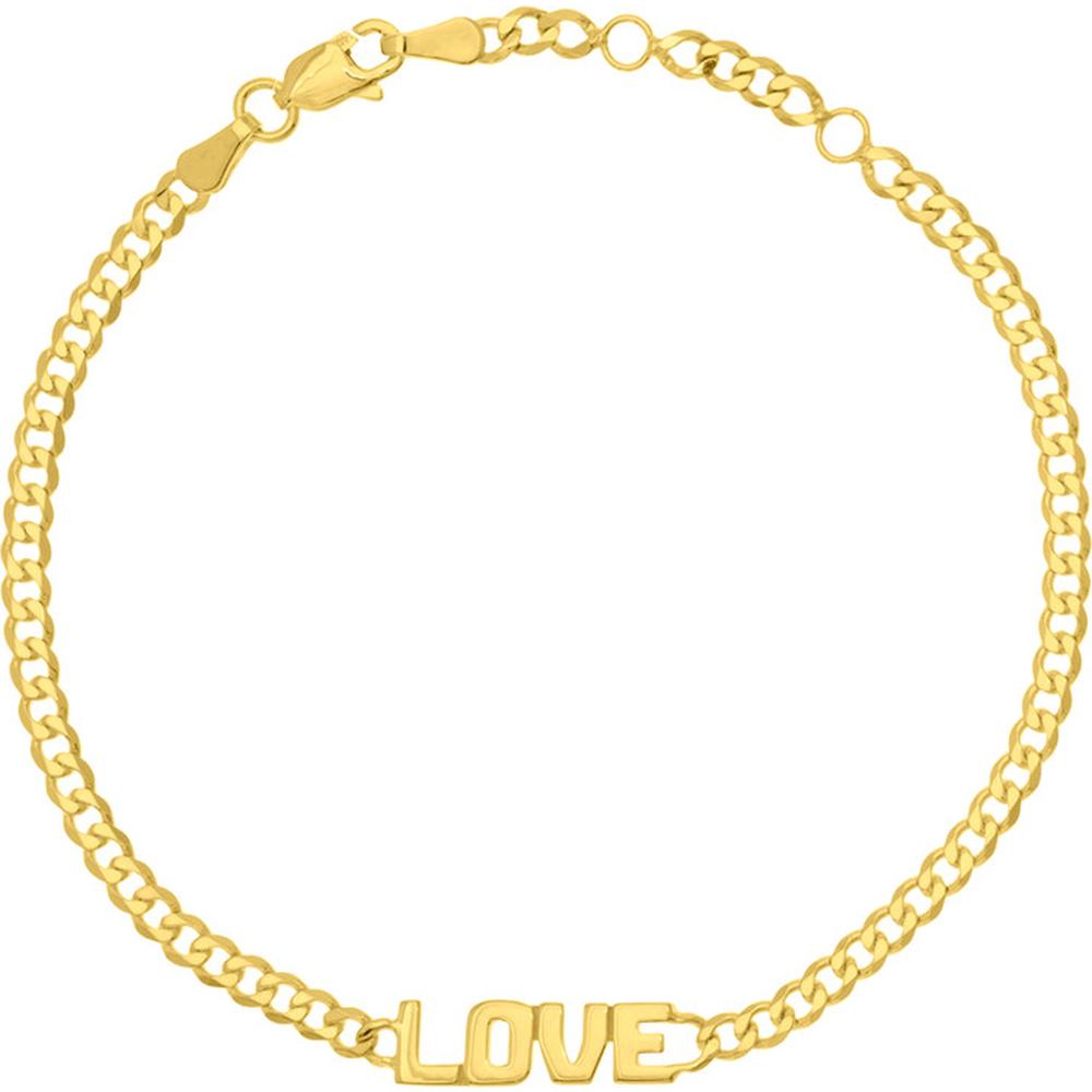 Olas d'Oro - 14K Yellow Gold Love on Curb Chain Adjustable Bracelet
