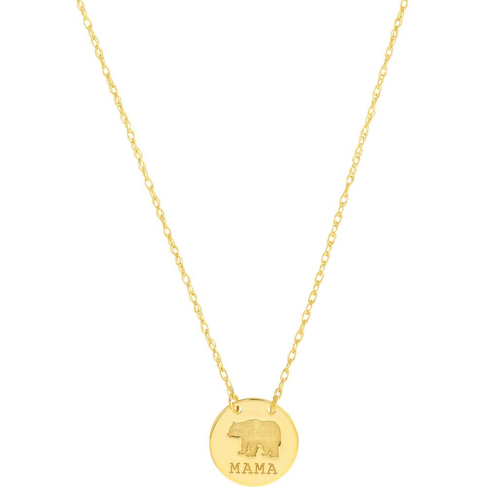 Olas d'Oro - 14K Yellow Gold Mama Bear Etched Disc Pendant Necklace with Adjustable Chain