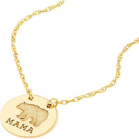 Olas d'Oro - 14K Yellow Gold Mama Bear Etched Disc Pendant Necklace with Adjustable Chain