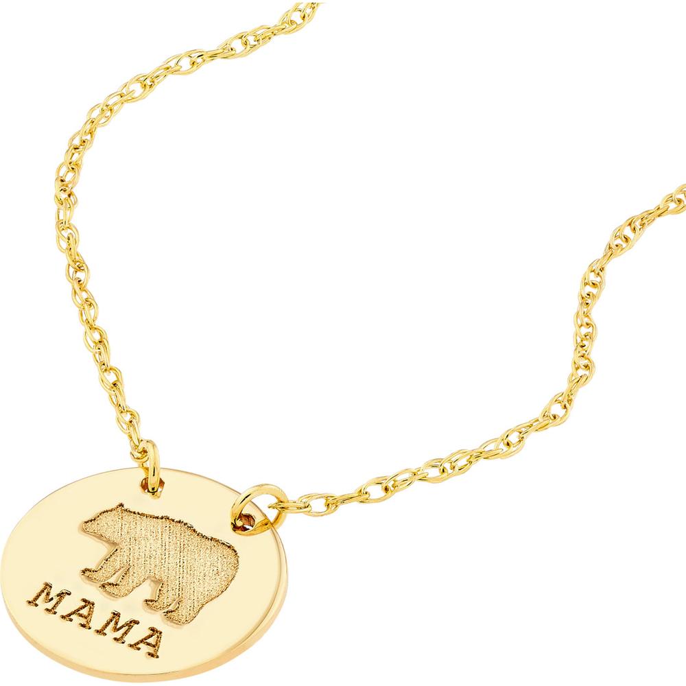 Olas d'Oro - 14K Yellow Gold Mama Bear Etched Disc Pendant Necklace with Adjustable Chain
