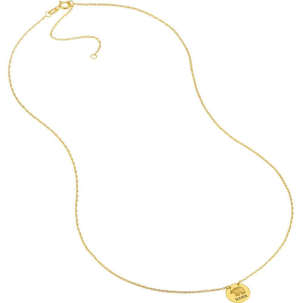 Olas d'Oro - 14K Yellow Gold Mama Bear Etched Disc Pendant Necklace with Adjustable Chain