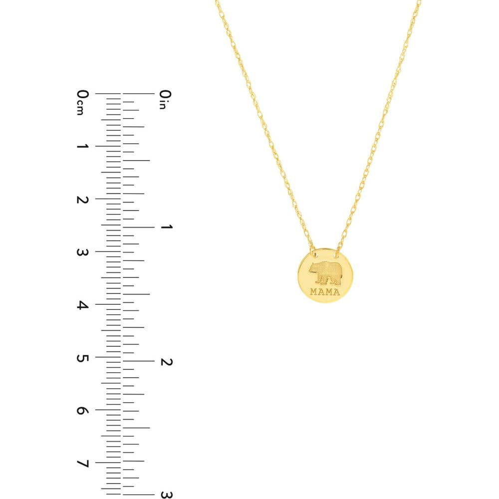 Olas d'Oro - 14K Yellow Gold Mama Bear Etched Disc Pendant Necklace with Adjustable Chain