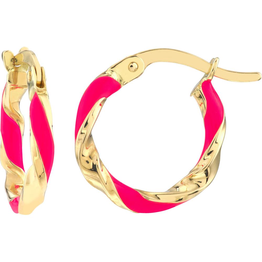 Olas d'Oro - 14K Yellow Gold Medium Neon Pink Enamel Round Twist Hoops - 1.10g Total Weight