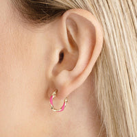 Olas d'Oro - 14K Yellow Gold Medium Neon Pink Enamel Round Twist Hoops - 1.10g Total Weight