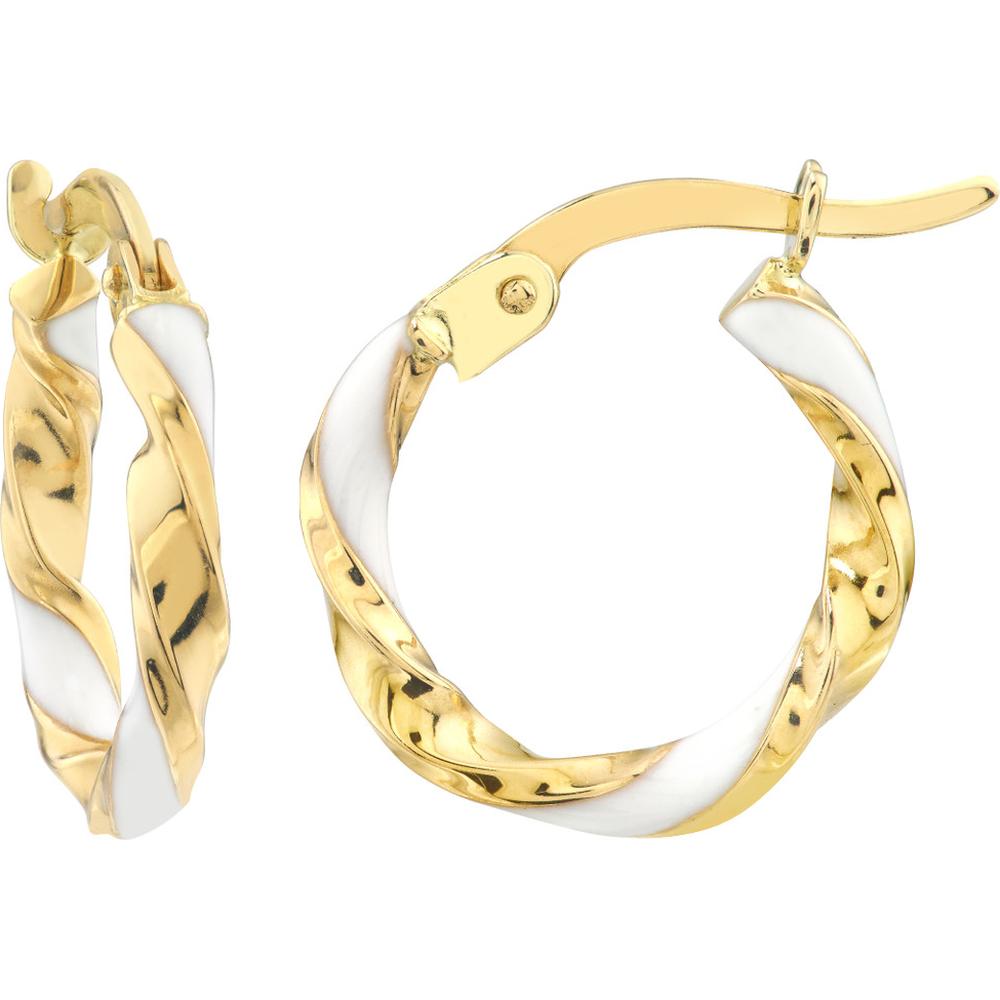 Olas d'Oro - 14K Yellow Gold Medium White Enamel Round Twist Hoops - 1.10g