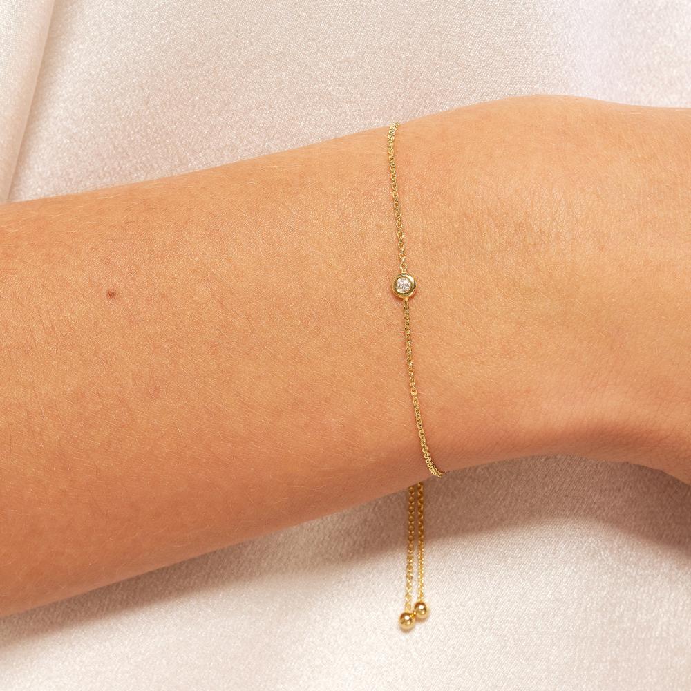 Olas d'Oro - 14K Yellow Gold Mini Diamond Bezel Bolo Bracelet - 0.03 Carat Total Diamond Weight
