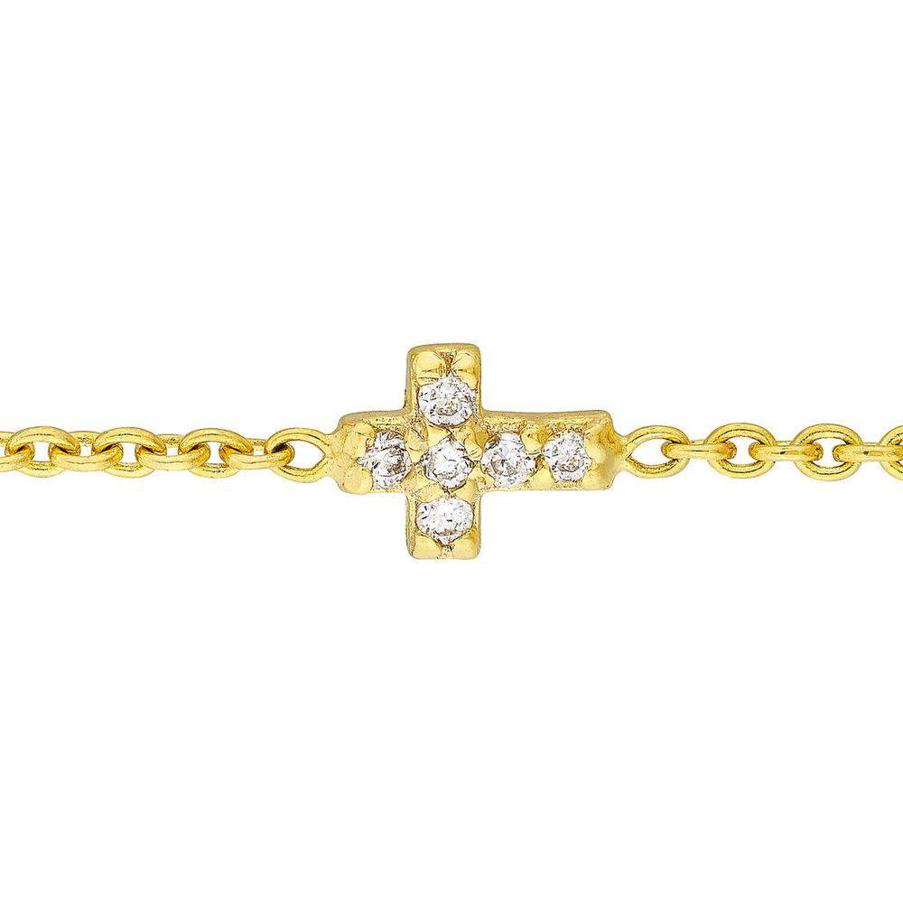 Olas d'Oro - 14K Yellow Gold Mini Diamond Cross Bolo Bracelet with 3pt Diamond - 0.03 Carat Total Diamond Weight