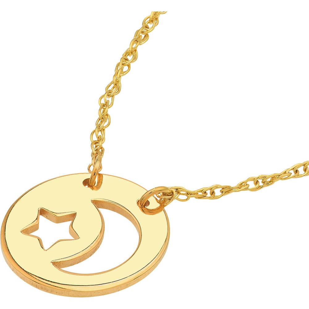 Olas d'Oro - 14K Yellow Gold Mini Disc Necklace with Cutout Moon and Star Pendant