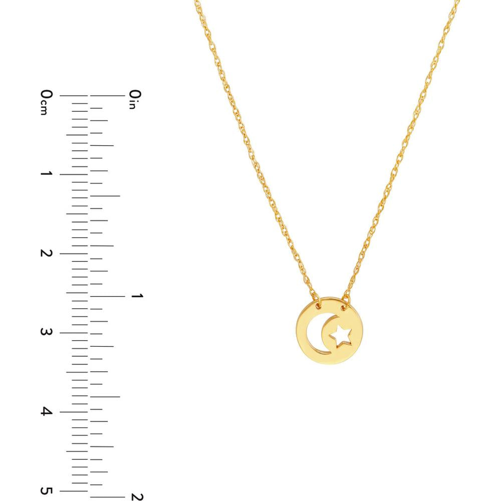 Olas d'Oro - 14K Yellow Gold Mini Disc Necklace with Cutout Moon and Star Pendant