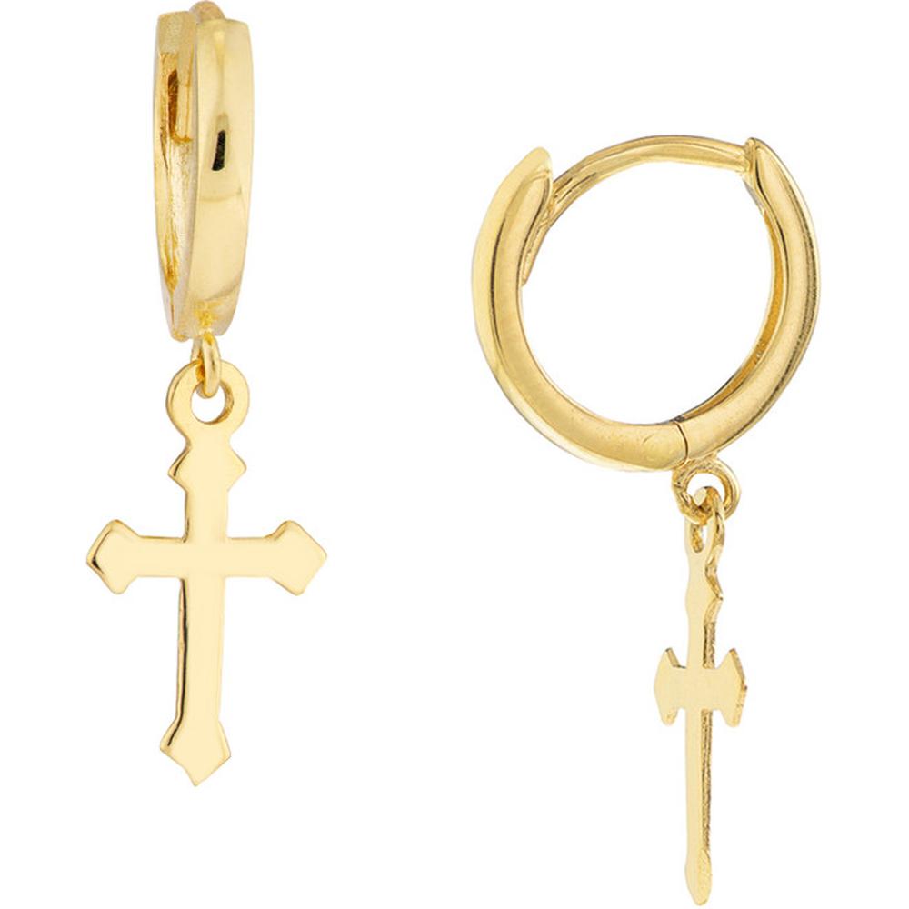 Olas d'Oro - 14K Yellow Gold Mini Huggie Hoop Earrings with Cross Drop