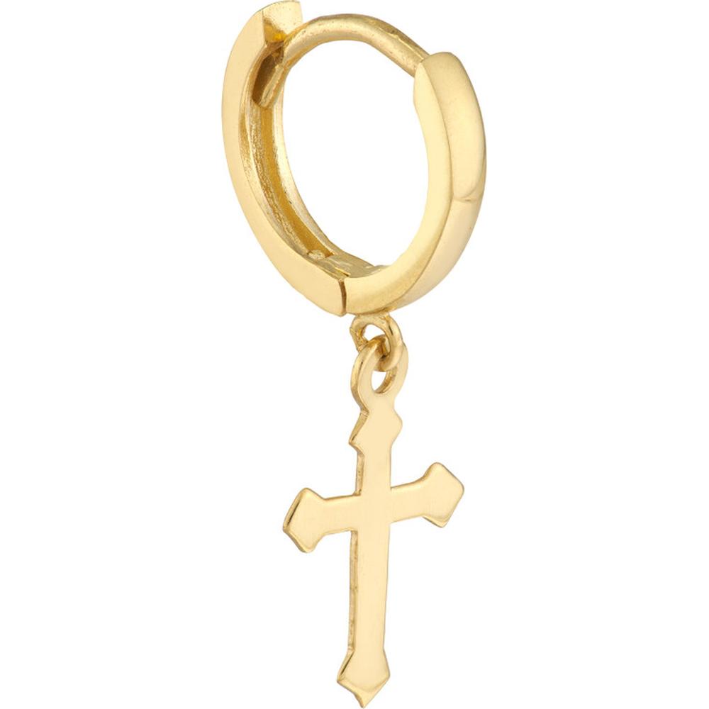 Olas d'Oro - 14K Yellow Gold Mini Huggie Hoop Earrings with Cross Drop