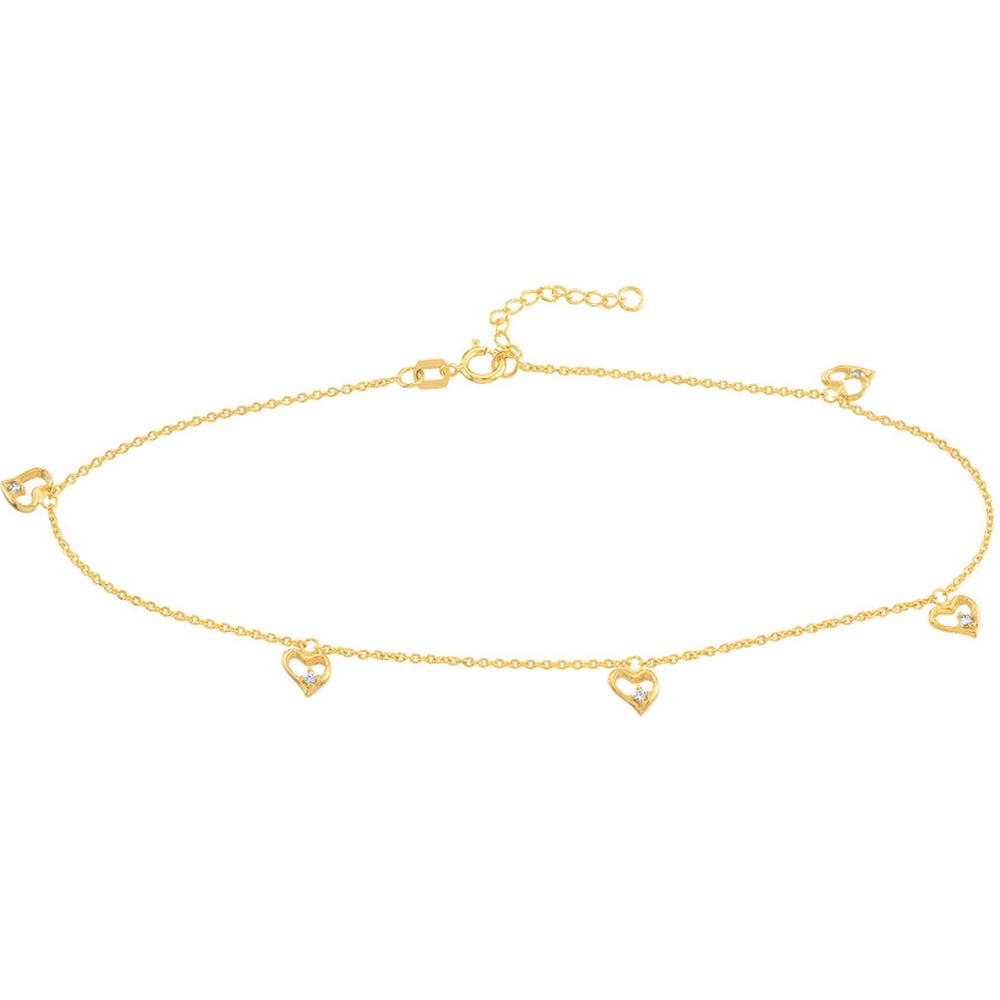 Olas d'Oro - 14K Yellow Gold Open CZ Heart Dangle Adjustable Anklet with Spring Ring Closure - 2.05g Total Weight
