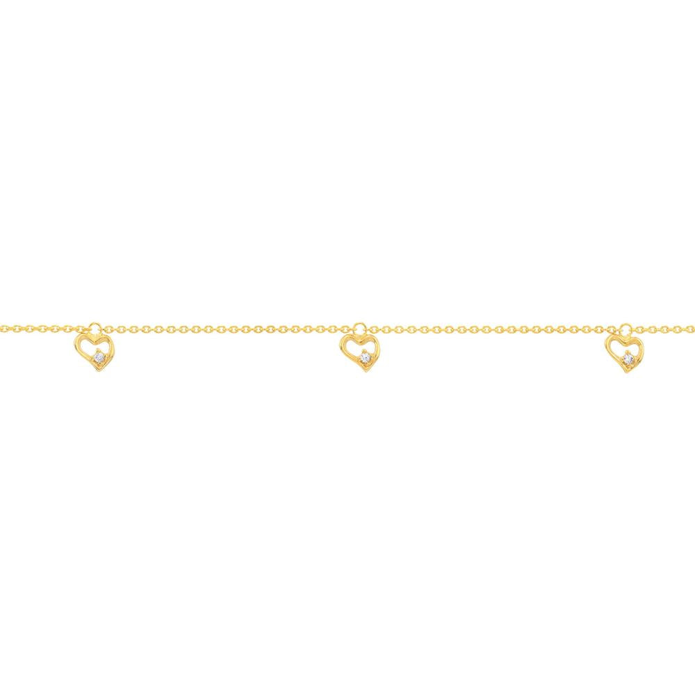 Olas d'Oro - 14K Yellow Gold Open CZ Heart Dangle Adjustable Anklet with Spring Ring Closure - 2.05g Total Weight