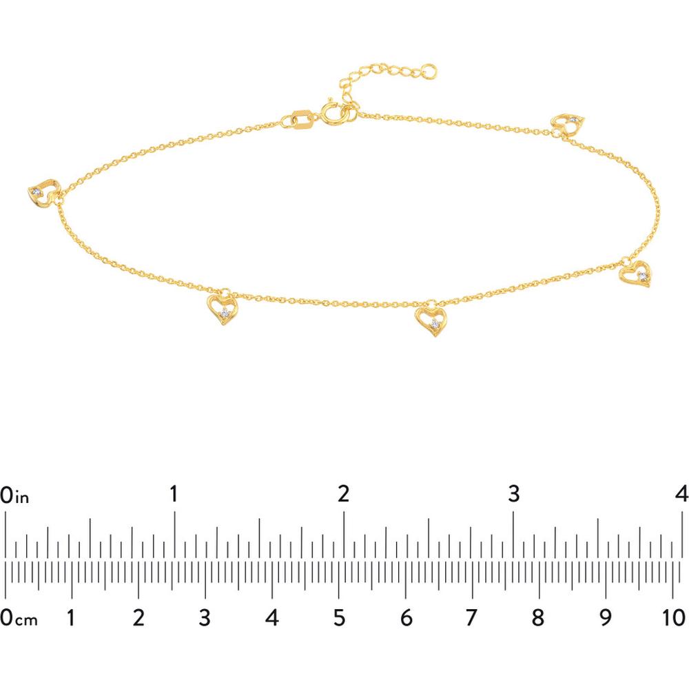 Olas d'Oro - 14K Yellow Gold Open CZ Heart Dangle Adjustable Anklet with Spring Ring Closure - 2.05g Total Weight