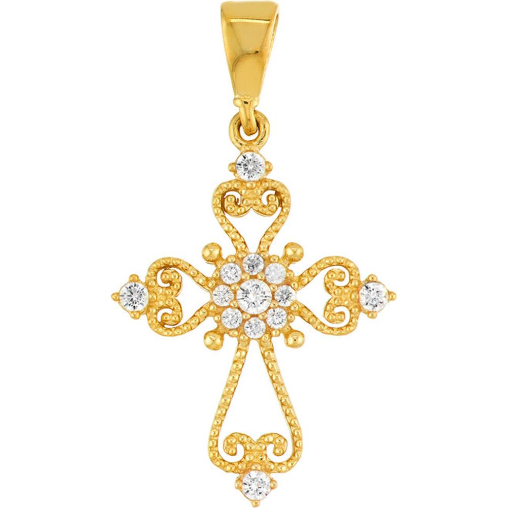 Olas d'Oro - 14K Yellow Gold Open Filigree Cross Pendant with Cubic Zirconia Stones