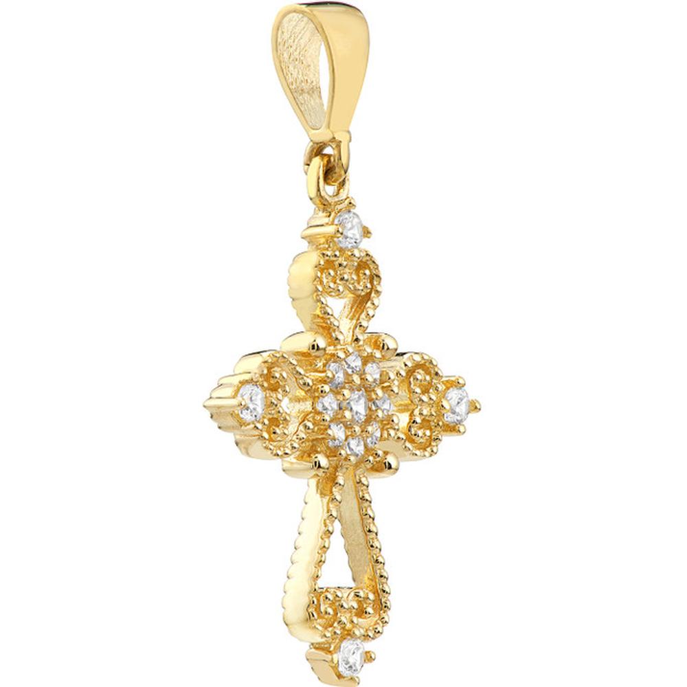 Olas d'Oro - 14K Yellow Gold Open Filigree Cross Pendant with Cubic Zirconia Stones