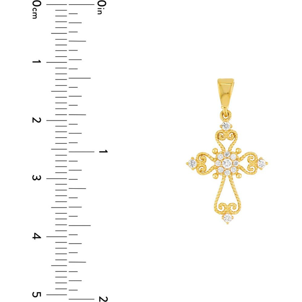 Olas d'Oro - 14K Yellow Gold Open Filigree Cross Pendant with Cubic Zirconia Stones
