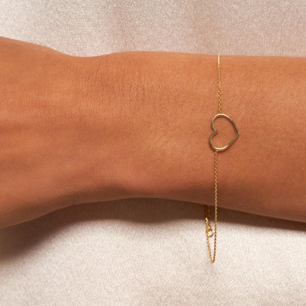 Olas d'Oro - 14K Yellow Gold Open Wire Heart Adjustable Bracelet - 1.15g