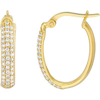 Olas d'Oro - 14K Yellow Gold Oval Hoop Earrings with Pave CZ Stones - 2.25g Total Weight