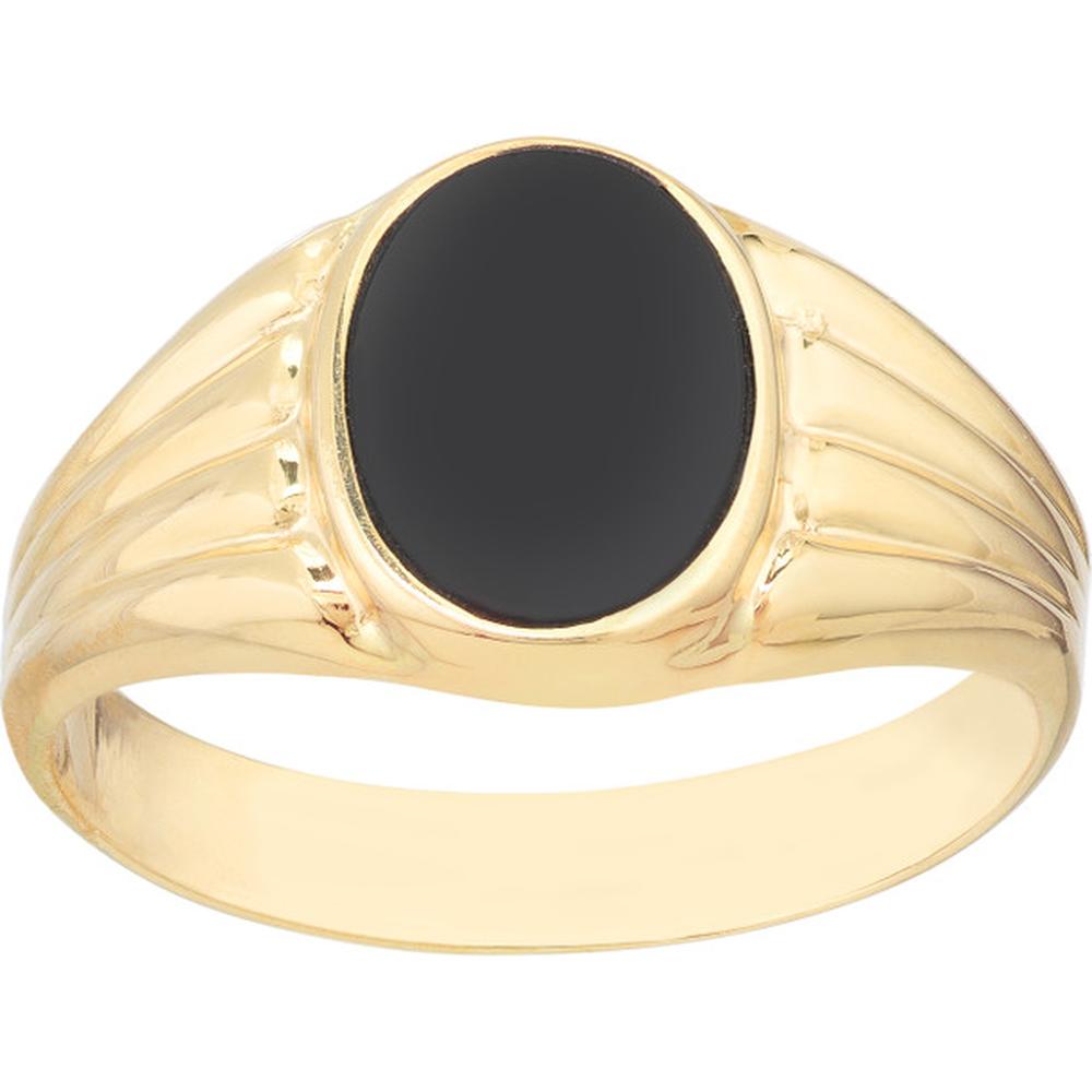 Olas d'Oro - 14K Yellow Gold Oval Onyx Signet Ring with Textured Sides - Size 8